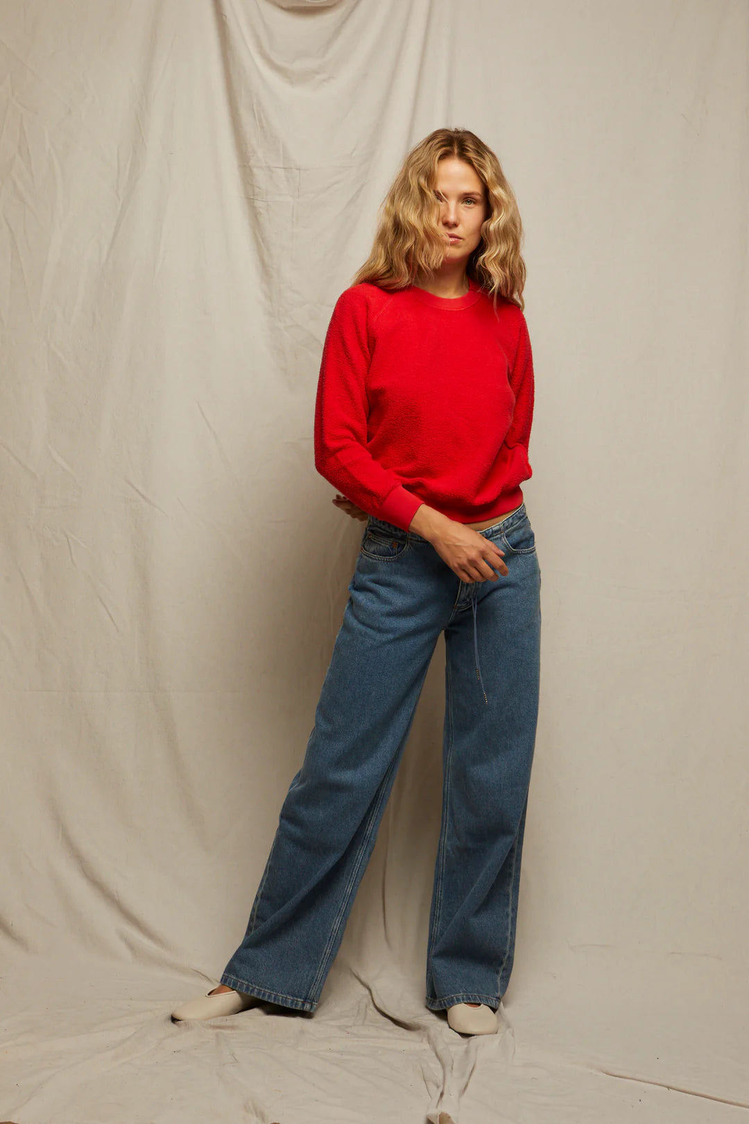 Ziggy Inside Out Shrunken Fleece Sweater in Poppy Red