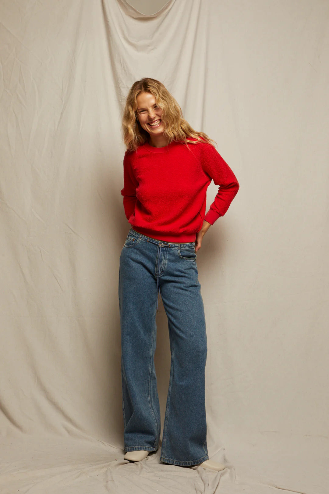 Ziggy Inside Out Shrunken Fleece Sweater in Poppy Red