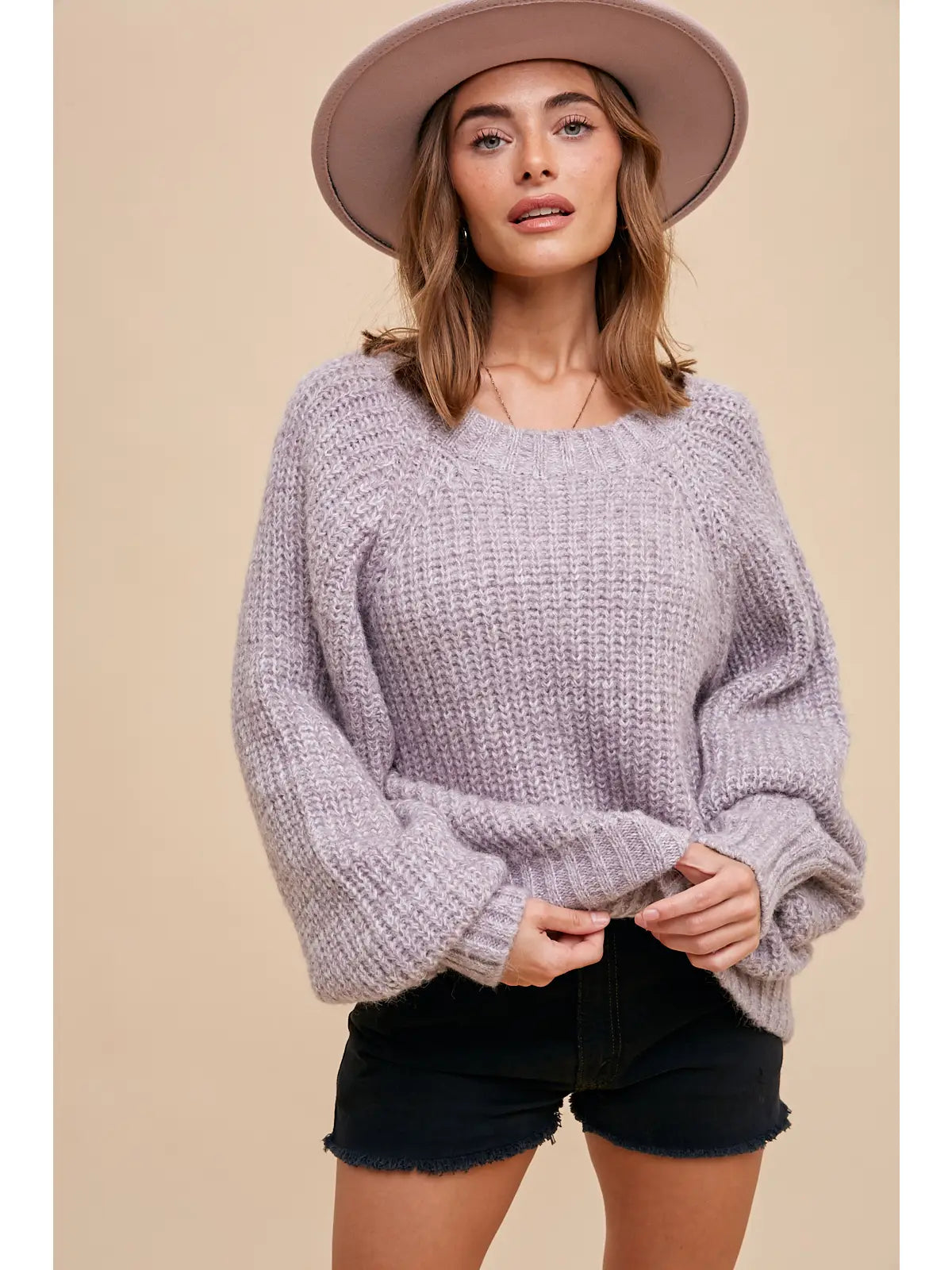 Lavender Marled Balloon Sleeve Knit Sweater