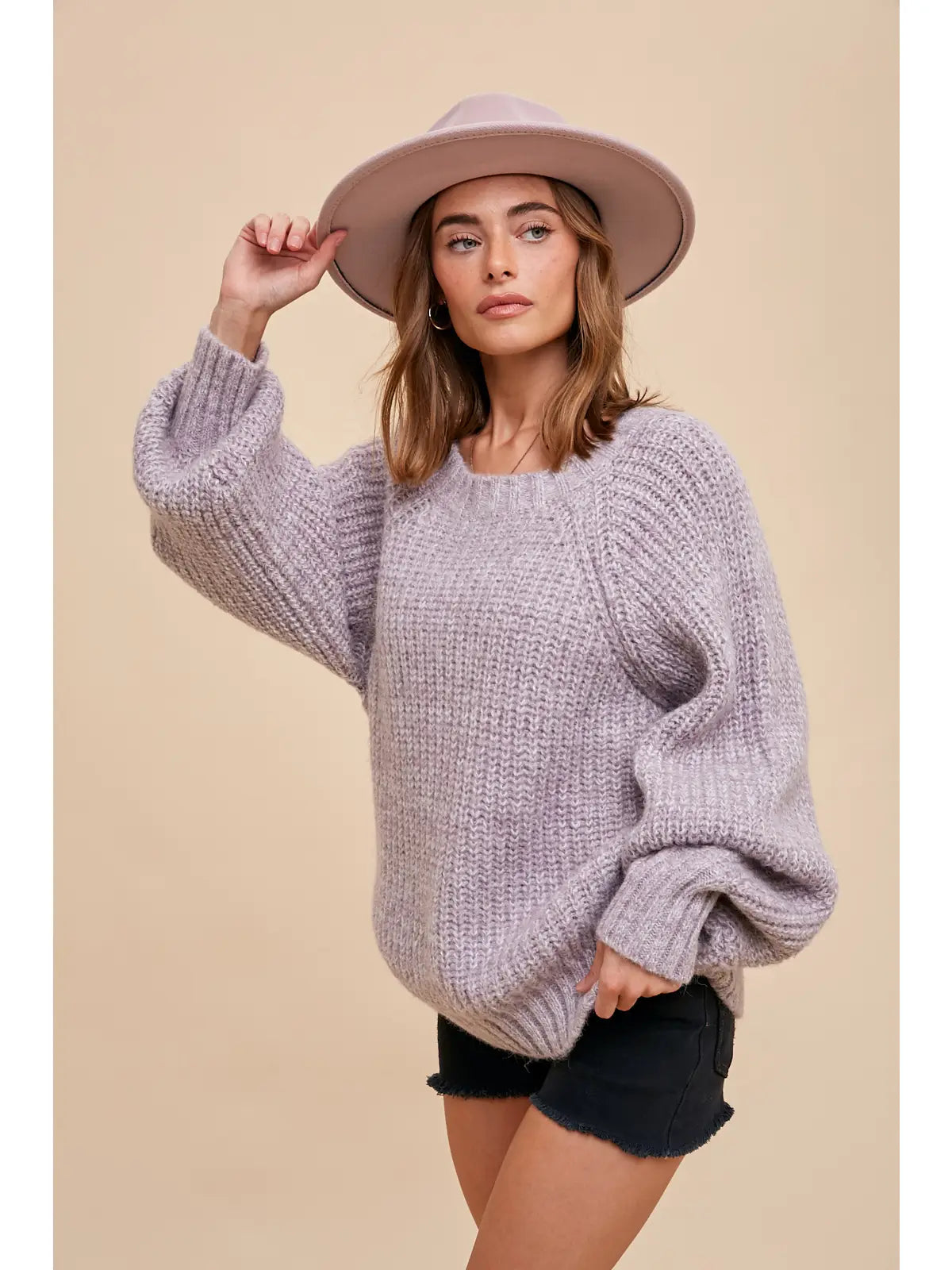 Lavender Marled Balloon Sleeve Knit Sweater