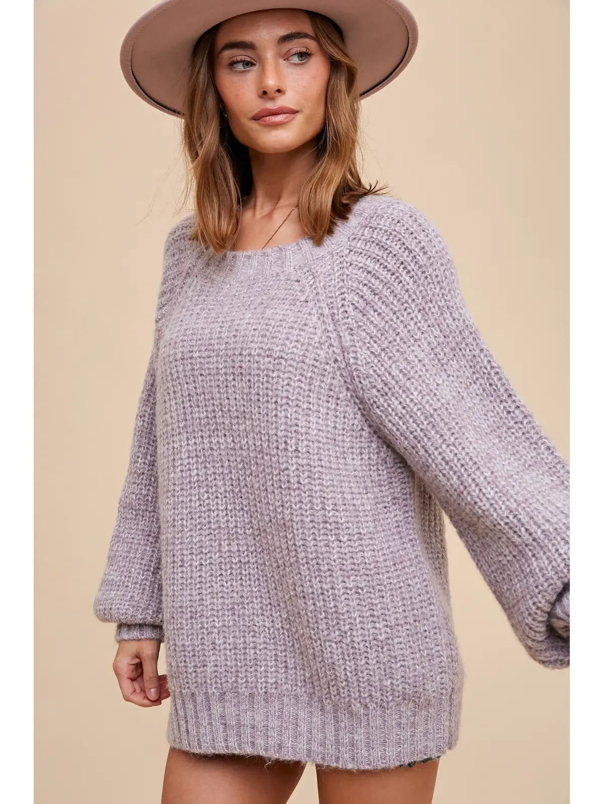 Lavender Marled Balloon Sleeve Knit Sweater