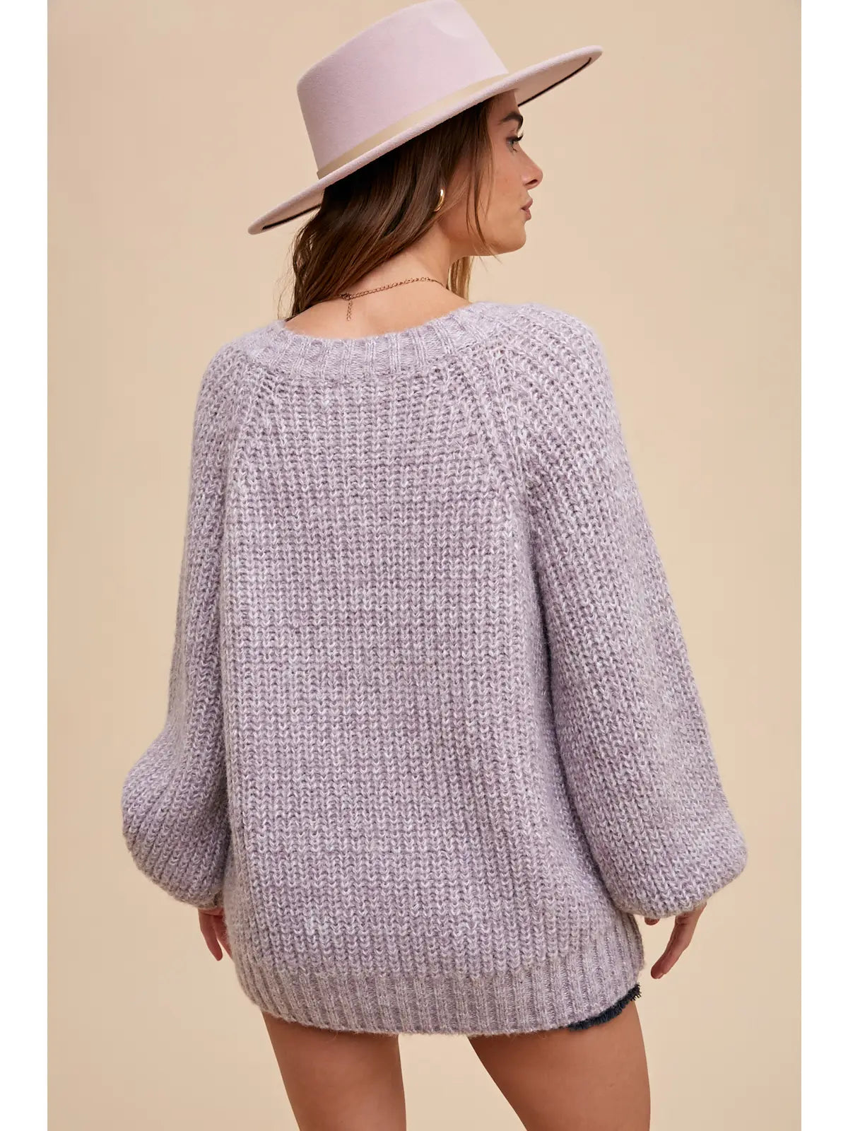 Lavender Marled Balloon Sleeve Knit Sweater