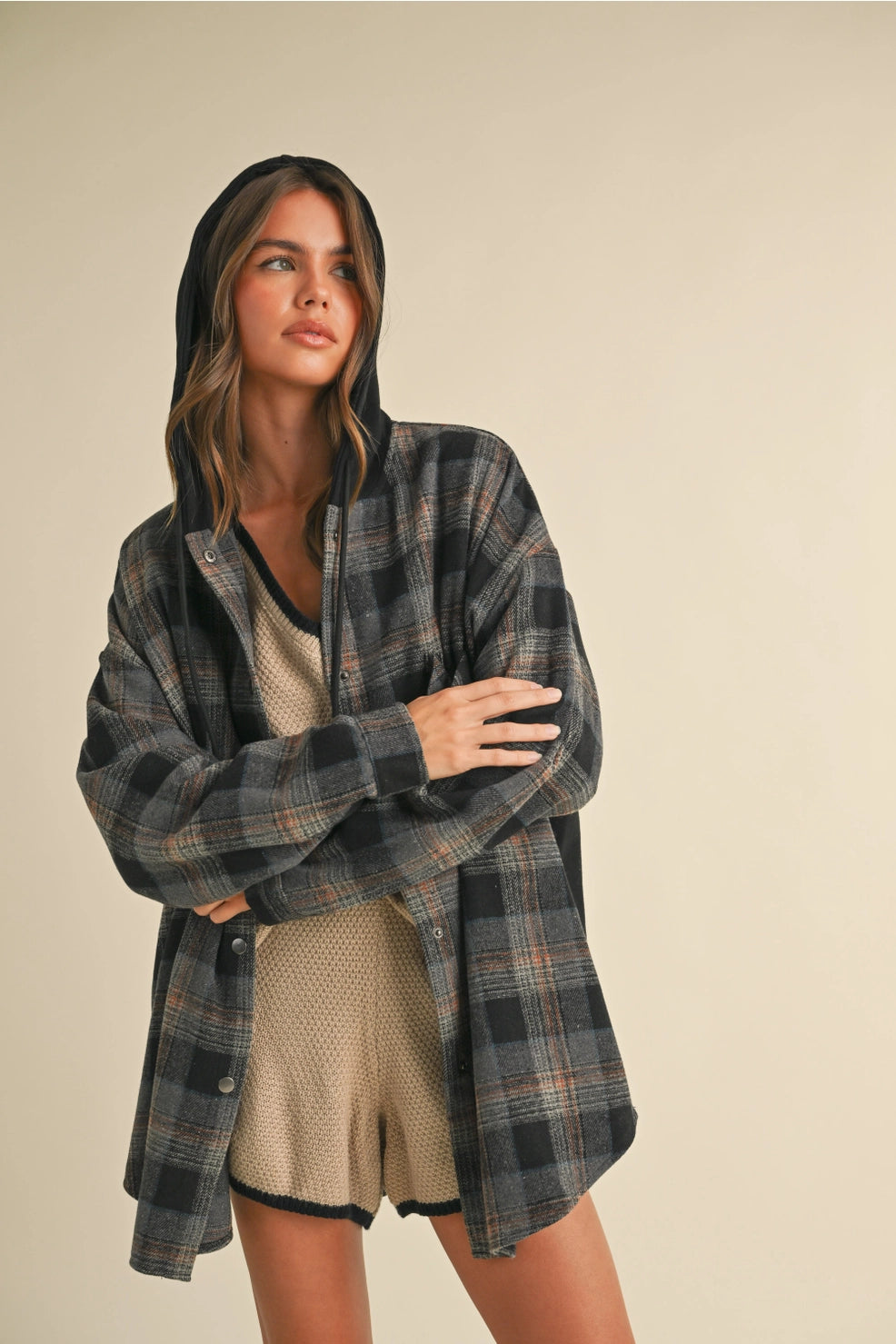 Contrast Plaid Hooded Shacket