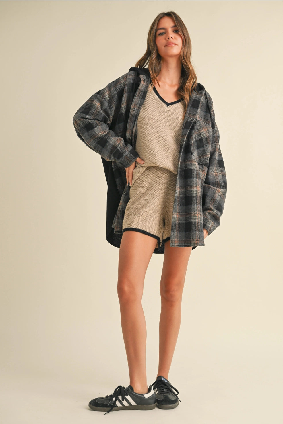 Contrast Plaid Hooded Shacket