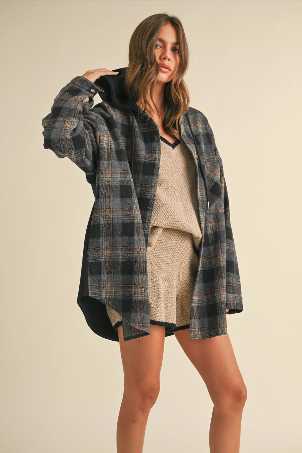 Contrast Plaid Hooded Shacket