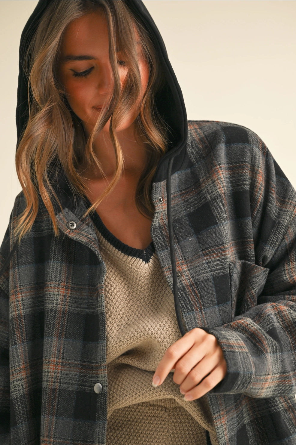 Contrast Plaid Hooded Shacket