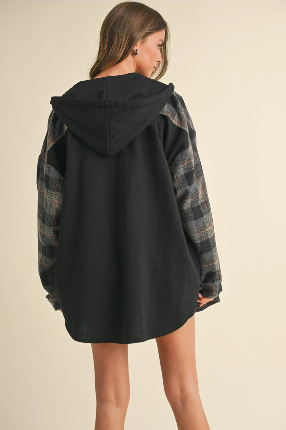 Contrast Plaid Hooded Shacket