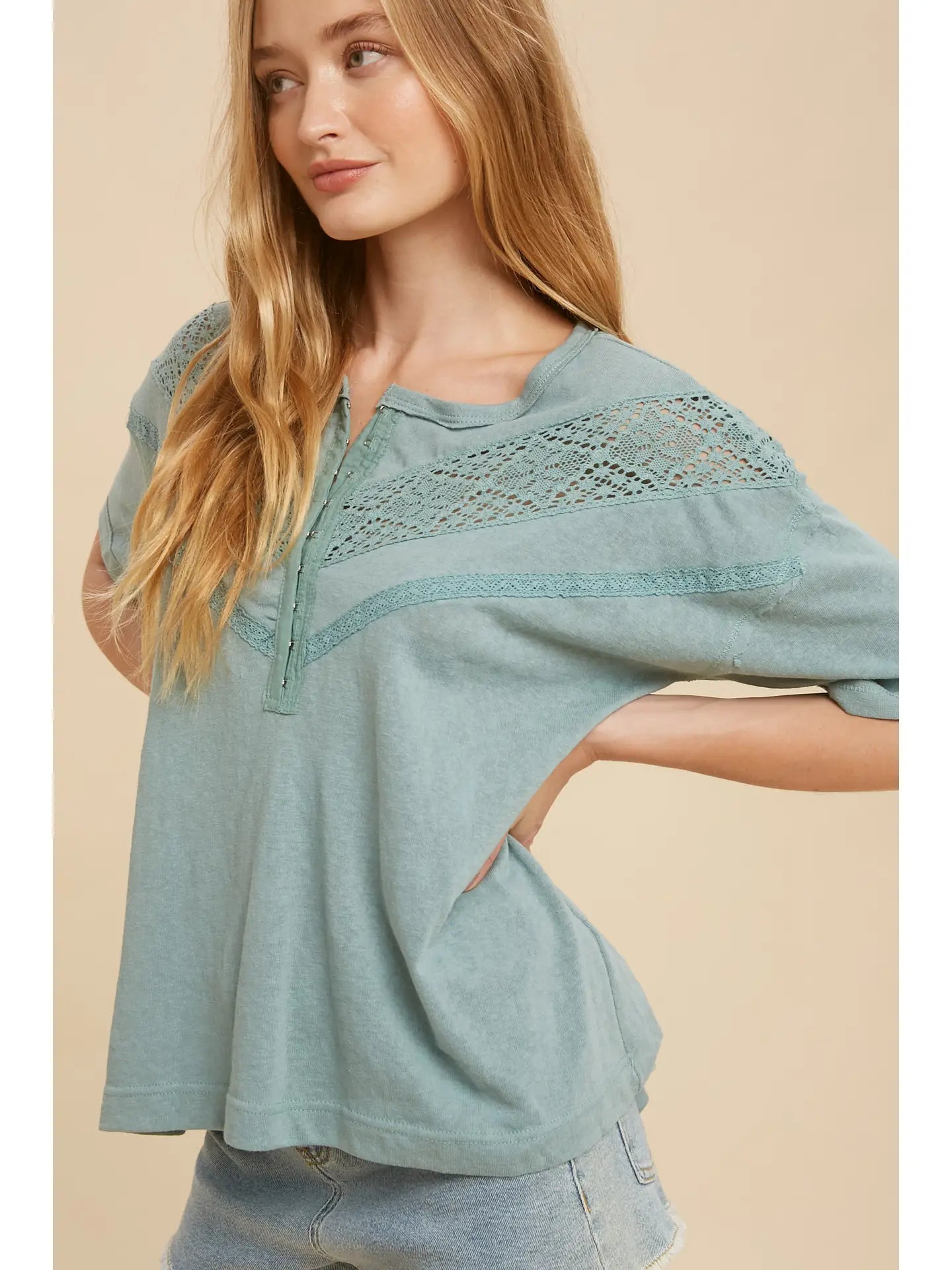 Drop Shoulder Lace Hook & Eye Top