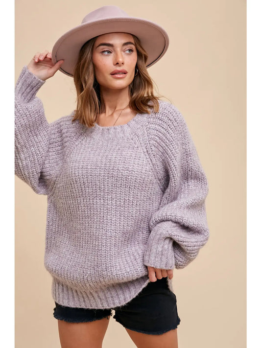 Lavender Marled Balloon Sleeve Knit Sweater
